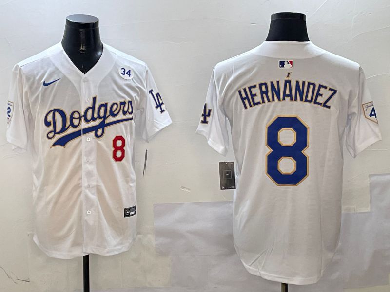 Men Los Angeles Dodgers 8 Hernandez White Gold Game 2025 Nike MLB Jersey style 3133